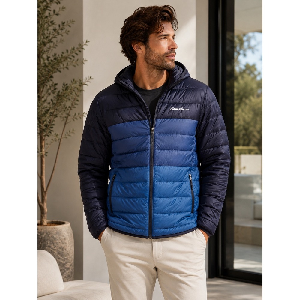 Eddie Bauer Mens CirrusLite Hooded Down Jacket Blue Ombre EB650 Puffer M